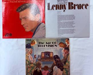 Vinyl records: Laurence Harvey / This Is My Beloved, Lenny Bruce / The Midnight Concert, Milton Berle & Hugh Downs with Arlene Francis / The Age of Television