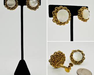 Signed Miriam Haskell 1950s mother of pearl and gold round encircled chain clip-on earrings, mid-century rare and collectable