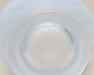 Closeup of one of the two Josef Inwald glassworks art glass vases, koi fish pattern, art deco style made in Czechoslovakia. One vase marked "Barolac," the name registered in the UK by John Jenkins and Sons Ltd, a glass importing company that collaborated with Inwald's designers to develop the Barolac designs. 
