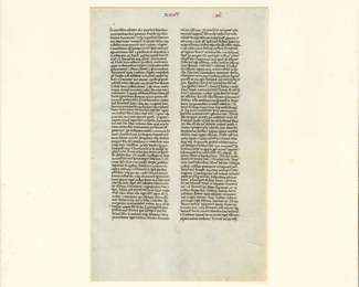 Closer view of the framed leaf from a 13th century The Biblia Sacra Latina – This leaf (14 x 22 cm) from the Latin Bible is written in double columns, 55 lines per page, in a black ink in a minute, precise Gothic bookhand, on thin, flawless ivory-colored uterine vellum. It was produced by the “Blanche atelier” in Paris, ca. 1220.