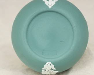 Closeup of the Wedgwood teal green jasperware vase 
