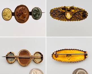 Antique brooches, one showing three carved natural stone cameos, and one in oval form decorated with curved and beaded metal with a sculptural ribbon bow above a heart-shaped faceted citrine gem