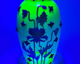 Seen under black light: An exquisite Bohemian art glass vase, shading warm pink to clear uranium glass, hand painted with gold gilt floral design and applied gold metal bees! Moser glass works produced this stunning Art Nouveau era art glass vase.