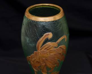 Closeup of the breathtaking 15-inch high antique French art glass vase - a large Mont Joye Legras green glass vase enameled with a graceful chrysanthemum, acid etched surface, with Mont Joye L C mark on the base. Art Nouveau beauty.