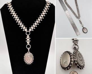 A beautiful antique 19th century book chain with locket pendant necklace, hallmarked English silver
