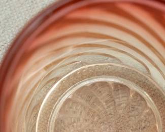 Closeup of the lovely Baccarat crystal Rose Tiente Bambous or 'Swirled Bamboo' water carafe and tumbler set
