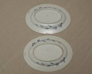 View of the reverse of a pair of antique Crown Derby porcelain 'Kings' Imari pattern serving dishes dating to 1806-1825