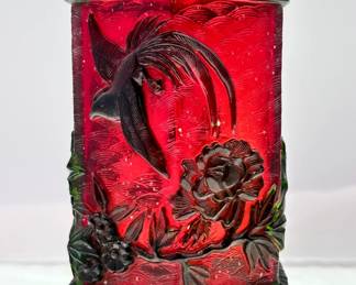 Another view of the vintage Chinese Peking Glass bitong or brush pot, hexagonal form, featuring dark green over red cameo glass carved in a birds and flowering peony design