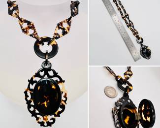 Antique 19th century carved tortoiseshell link necklace with locket pendant