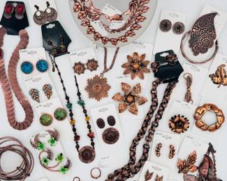 Copper jewelry galore – retro style, modern fashion, copper necklaces, brooches, bracelets, earrings