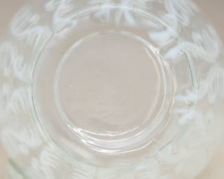 Closeup of Northwood Spanish Lace white opalescent glass water pitcher with six matching tumblers 