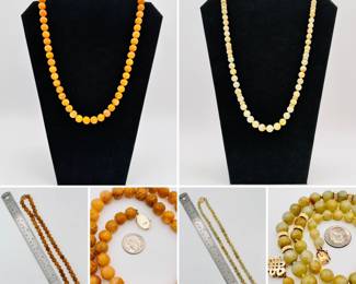 14k yellow gold and carved jade bead necklace, and a 14k yellow gold and jade bead necklace with Chinese knot shaped clasp