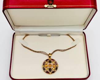 14k yellow gold triple strand necklace with citrine and other fine gemstones pendant