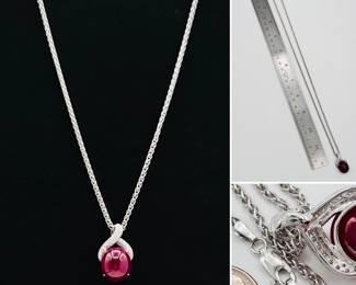 14k white gold, gorgeous ruby cabochon and pavé diamond pendant necklace
