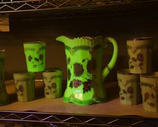 Northwood Chrysanthemum Sprig Water Set and Celery Vase in Custard Glass, Original Decoration in Excellent Condition!  Two pieces are black light reactive uranium glass!