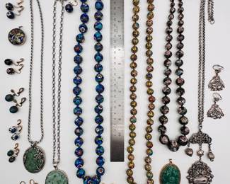 Cloisonne beaded necklaces and earrings, Chinese carved hard stone pendant necklaces, and more