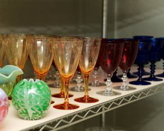 Several Sets of 1920's-1930's-1940's-1950's Wine Glasses in Depression Glass, Elegant Glass of the Depression Era (check out the other photos for the 1920's Steuben Wine Glasses!)
