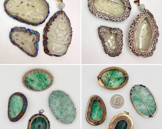 A selection of carved jade and natural hard stone brooches and pendants