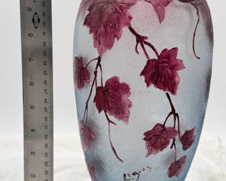 A French Art Nouveau cameo glass vase, Legras 'Rubis' series circa 1910, acid etched surface and cameo carved purplish red trailing ivy vines, Legras signature