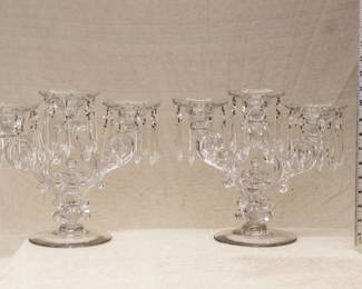 Pair of Cambridge No. 1443 candelabrum with 3 locking bobeches and 24 Prisms