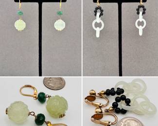 A pair of carved light and dark green jade bead dangle pierced earrings, and a pair of black jade bead and pale jade carved rings dangle clip earrings