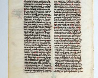 (This is the reverse view of leaf shown in the previous image.) A leaf from a 13th Century Latin Bible, "Ordinary Leaf No. 6, Folio 126 Kings III, example with double tailed rubrication." Made by a French workshop known as the Leber Group, in Paris, circa 1230-1240. Ink and tempera on vellum.