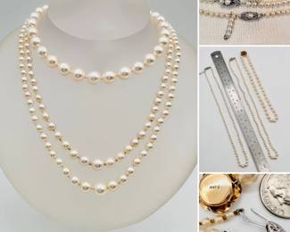 Three single-strand cultured pearl necklaces, each with 14k gold clasps