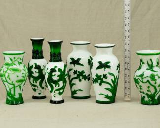  Peking Glass / Beijing Glass vases, decorated in cameo glass style with carved green overlay on white ground in scenes with birds amidst flowers and trees