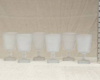 A set of six vintage American pressed glass frosted glass goblets with square pedestal foot
