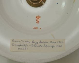 Closeup of the 18th century Crown Derby Imari 'Kings' pattern #383 porcelain footed large serving platter/lazy susan, label says 'Crown Derby Lazy Susan circa 1780, Daughterty's Colorado Springs 1950'