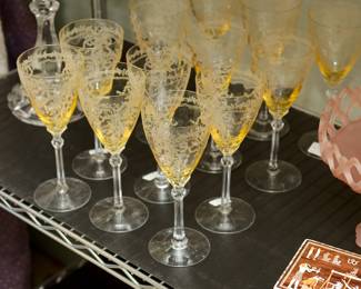 Fostoria's June Pattern Wine Glasses in Topaz Yellow with Clear Stems