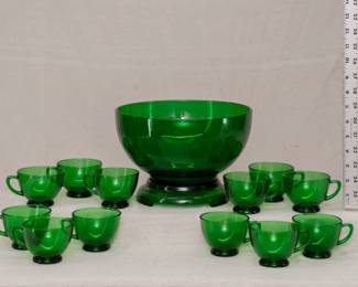 Anchor Hocking forest green glass complete punch bowl set bowl, stand, and 12 Cups