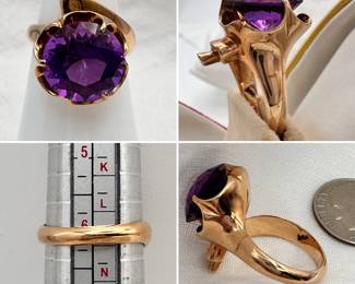 Gorgeous vintage ring, c. 1940/50's set with a deep purple amethyst set in 14-karat yellow gold. 