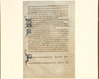 Closer view of the framed page from a East Anglian Latin Psalter (27.5 cm x 17.5 cm overall, 19 cm x 12.7 cm justified) written in brown ink in a neat, clear quadratus Gothic bookhand in 30 single-columned lines per page on vellum. It was produced in Suffolk, perhaps at Bury-St. Edumunds, ca. 1290-1310.