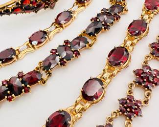 Antique and vintage garnet bracelets, two traditional faceted bracelets in 14-karat yellow gold, rose cut garnets in vermeil and/or gold tone metals.