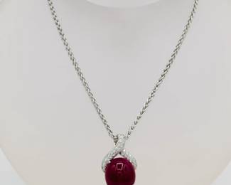 Another view of the 14k white gold, gorgeous ruby cabochon and pavé diamond pendant necklace