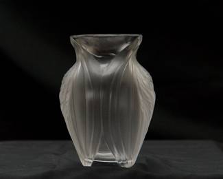 Another view of the vintage signed Lalique France frosted crystal Pavie bud vase, with original presentation box