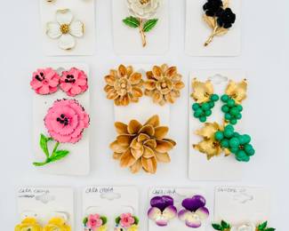 Incredible mid century fashion enameled flower earrings and brooch sets from Cara China, Crown Trifari, Sandor Co