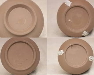 View of the base markings on the group of Wedgewood taupe jasperware vases and pitcher, circa 1979 - 1985.