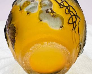 Another view of the signed Emile Gallé cameo glass vase, yellow with greenish brown leaves and white fruit on vines. Circa 1908-1920.