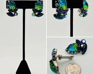 Likely Juliana watermelon glass and deep blue AB crystal clip earrings