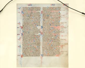 Reverse view of the framed leaf from a Bible produced in the manner of William de Brailles workshop, Oxford, circa 1230-1240. Hebrews leaf with fine gold initials and herringbone feathers emerging from the mouth of dragons.