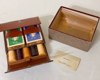 Another view of the rare vintage 1935 bakelite chips with 2 decks of cards in tooled leather case. 