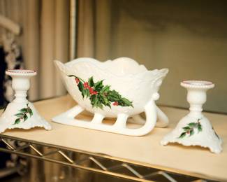 Westmoreland Glass Company milk glass sleigh console bowl and matching candleholders.