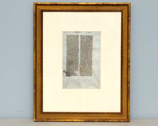 Framed page from The Biblia Sacra Latina, a Latin Bible produced by the “Alexander atelier” in Paris, between 1220-1230. The page from the Latin Bible (21.2 x 14.5 cm) written in brown ink in a neat, highly compressed quadratus Gothic bookhand in 49 double-columned lines per side on thin, smooth, cream-colored vellum. Recto: page heading “DRE” Verso: page heading “ES”