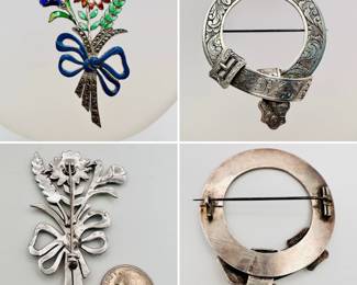 An antique silver brooch in the form of a ribbon tied floral bouquet, enameled, set with marcasites, and an antique Scottish kilt pin or circular brooch of a belt with buckle, engraved acanthus scrolls