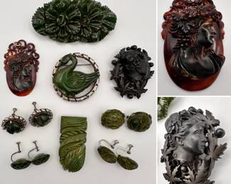Antique brooches and earrings made of carved natural stone, bog oak, and tortoiseshell