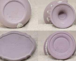 Another view of the group of Wedgwood, small, lilac jasperware vases and tray/dish.