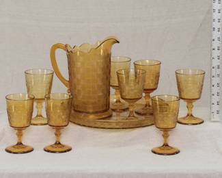 Antique Amber EAPG Basketweave Pattern Water Set by the Flint Glass Company of Ohio, c. 1890.