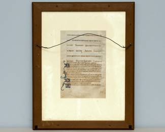 Another view of the reverse side of the framed page from a East Anglian Latin Psalter (27.5 cm x 17.5 cm overall, 19 cm x 12.7 cm justified) written in brown ink in a neat, clear quadratus Gothic bookhand in 30 single-columned lines per page on vellum. It was produced in Suffolk, perhaps at Bury-St. Edumunds, ca. 1290-1310.